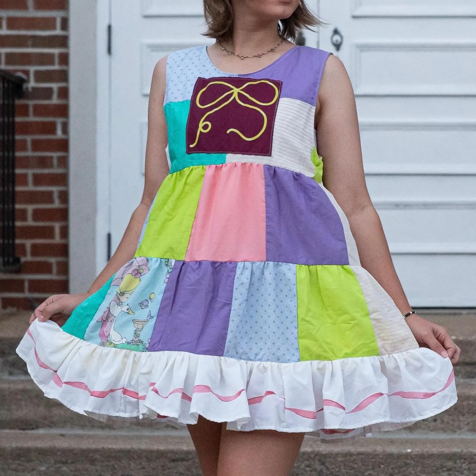 Patchwork Ribbon Babydoll Dress (S)